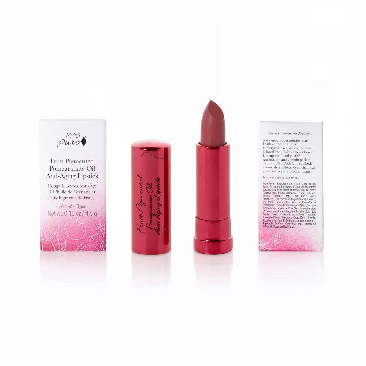 100% PURE Pomegranate Oil Anti-Aging Lipstick Long Lasting, Vibrant Makeup - Moisturizing Cocoa Butter Satin Finish - Vegan Fruit Pigmented Clover Color (Deep Neutral Pink Nude) - 0.15 oz