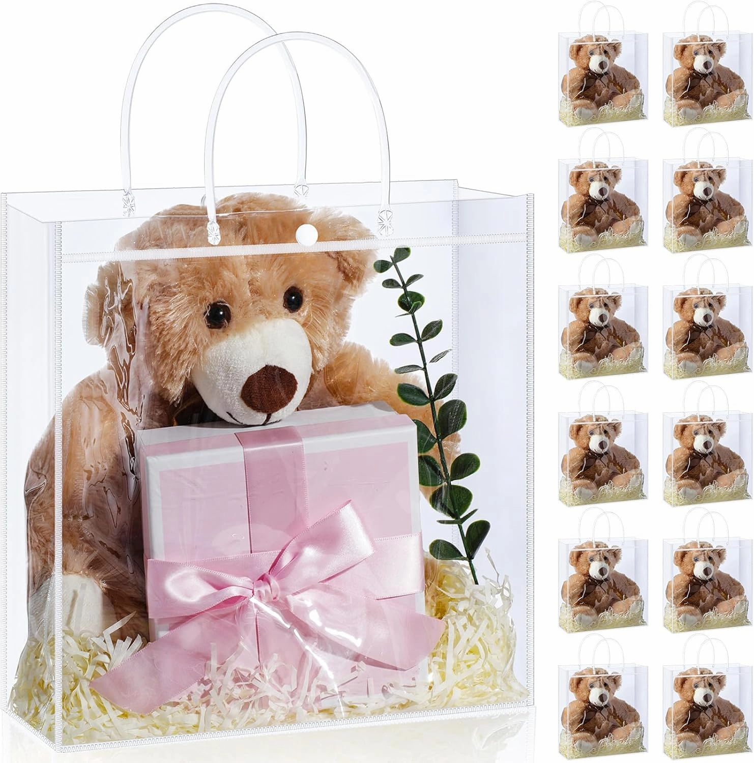 12 Pack Stuffed Bear with Clear Gift Bags Raffia 13.5 Inch Plush Bear Gift Set Large Stuffed Animal Gifts for Mothers Day Graduation Wedding Birthday Party Favors