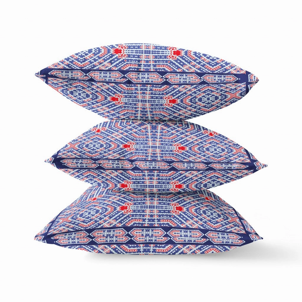28” Blue Red Geostar Indoor Outdoor Throw Pillow