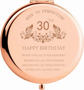 30th Birthday Gift for Women Stainless Steel Portable Compact Makeup Mirror with Gift Box Behind You All Your Memories Unique Gifts Ideas Engraved Compact Cosmetic Mirror for Friend Coworker Rose Gold