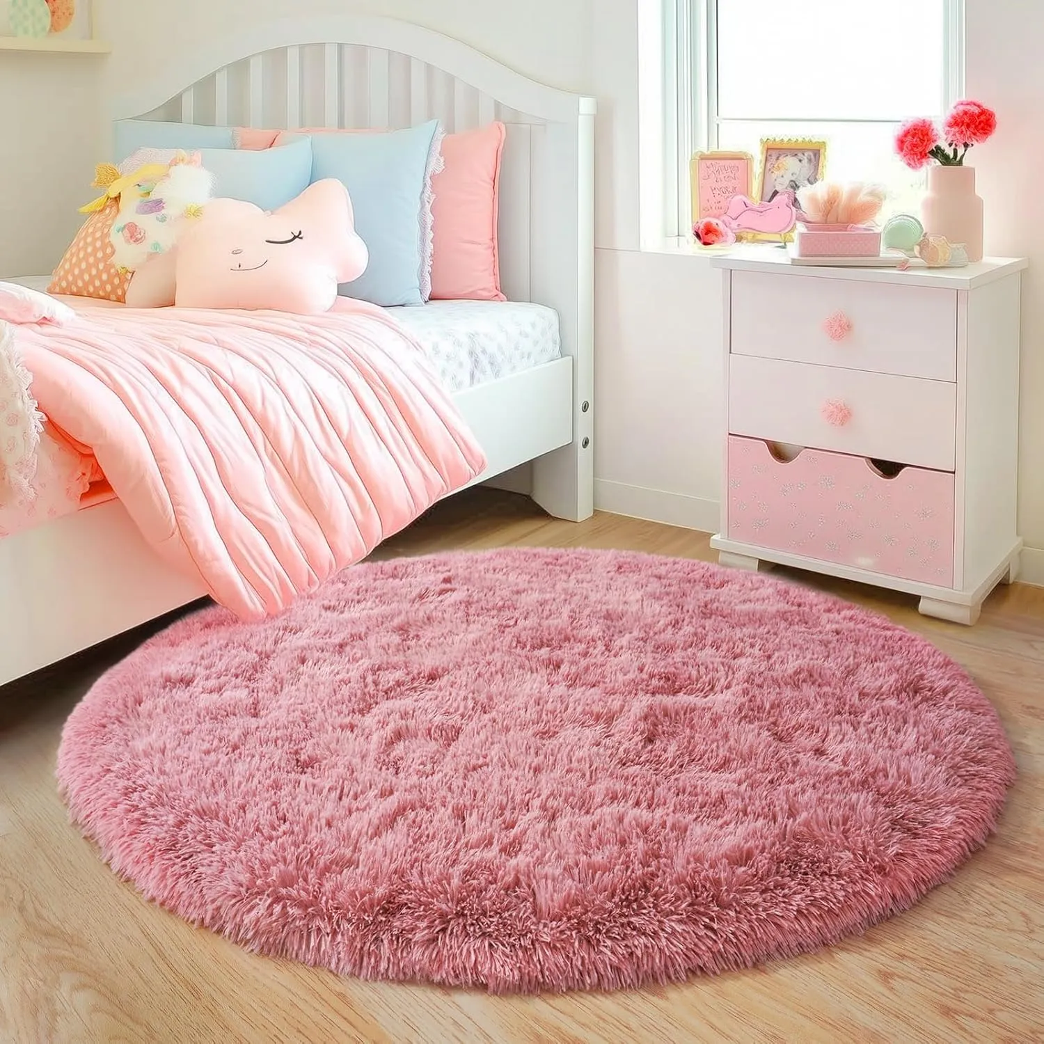 4'x4' Blush Round Rugs for Girls Bedroom, Ultra Soft Fluffy Circle Rug for Kids Room, Cute Shag Rugs for Living Room Playroom Tent Castle Home Decor Rug