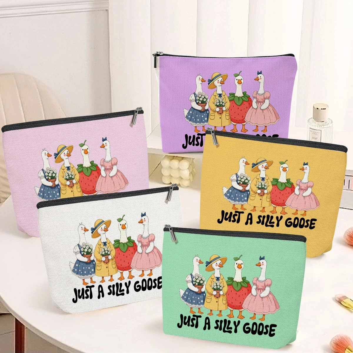 5 Pack Funny Cute Animal Goose Decor Lovers Gift Goose Gifts Makeup Bag, Travel Cosmetic Bags for Women,Sister Doctor Coworker Leader Mom Grandma Toiletry Bag Girls Trip Birthday Christmas Thank You