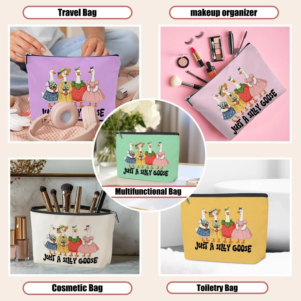 5 Pack Funny Cute Animal Goose Decor Lovers Gift Goose Gifts Makeup Bag, Travel Cosmetic Bags for Women,Sister Doctor Coworker Leader Mom Grandma Toiletry Bag Girls Trip Birthday Christmas Thank You
