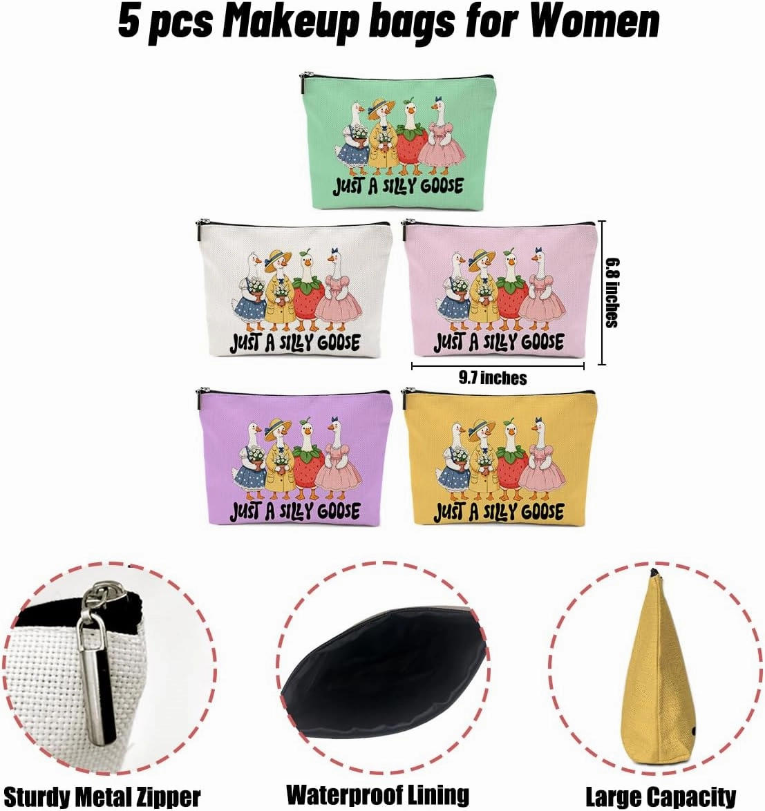 5 Pack Funny Cute Animal Goose Decor Lovers Gift Goose Gifts Makeup Bag, Travel Cosmetic Bags for Women,Sister Doctor Coworker Leader Mom Grandma Toiletry Bag Girls Trip Birthday Christmas Thank You