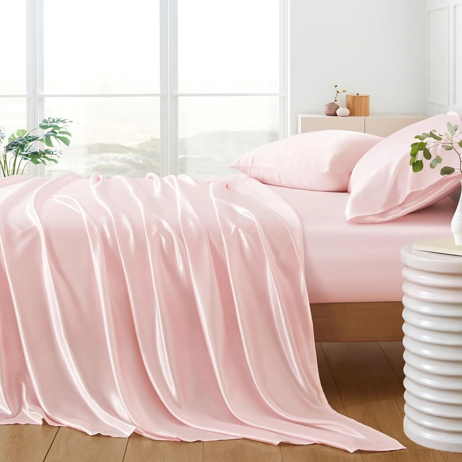 5Pcs Blush Pink Silk Sheets Full Satin Sheets Set Full Size Silky Comforter Bedding Sheets with 1 Satin Flat Sheet,1Deep Pocket Fitted Sheet,3 Pillowcases with Envelope Closure