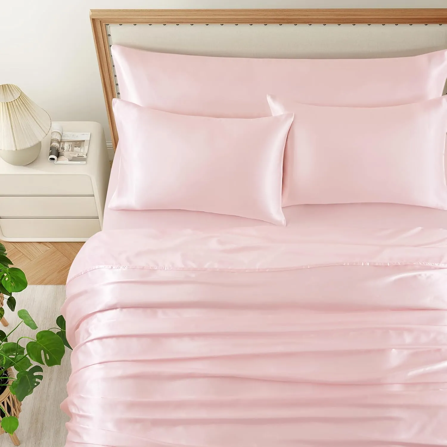 5Pcs Blush Pink Silk Sheets Full Satin Sheets Set Full Size Silky Comforter Bedding Sheets with 1 Satin Flat Sheet,1Deep Pocket Fitted Sheet,3 Pillowcases with Envelope Closure