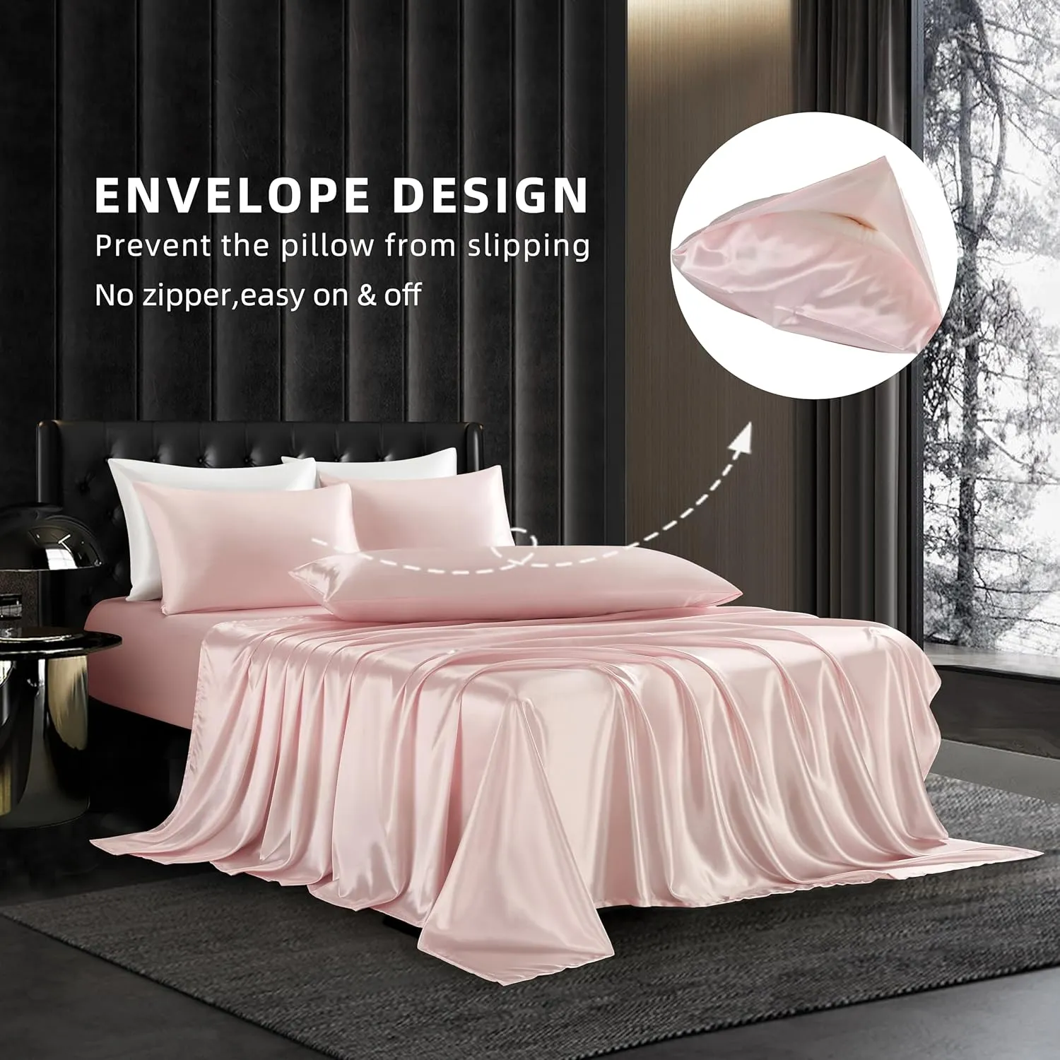 5Pcs Blush Pink Silk Sheets Full Satin Sheets Set Full Size Silky Comforter Bedding Sheets with 1 Satin Flat Sheet,1Deep Pocket Fitted Sheet,3 Pillowcases with Envelope Closure