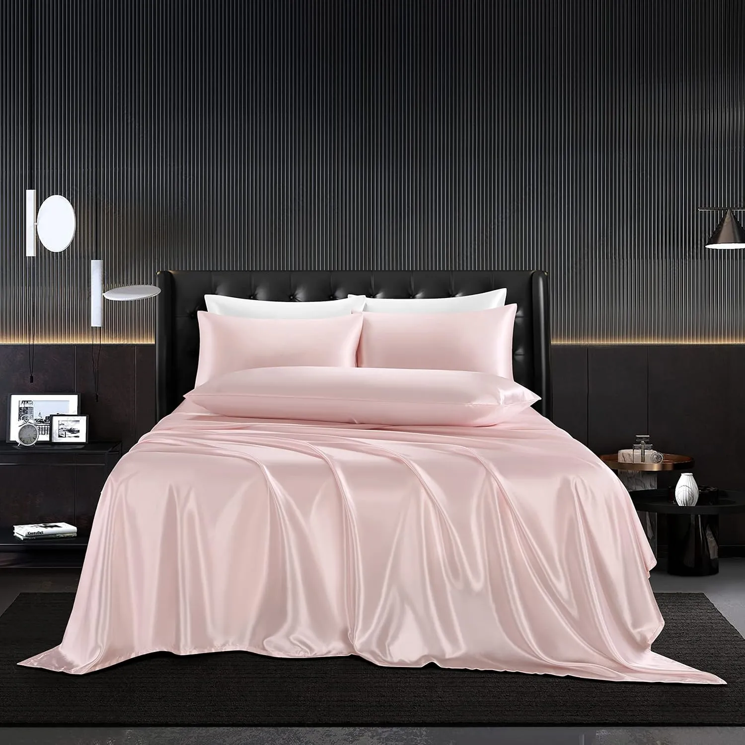 5Pcs Blush Pink Silk Sheets Full Satin Sheets Set Full Size Silky Comforter Bedding Sheets with 1 Satin Flat Sheet,1Deep Pocket Fitted Sheet,3 Pillowcases with Envelope Closure