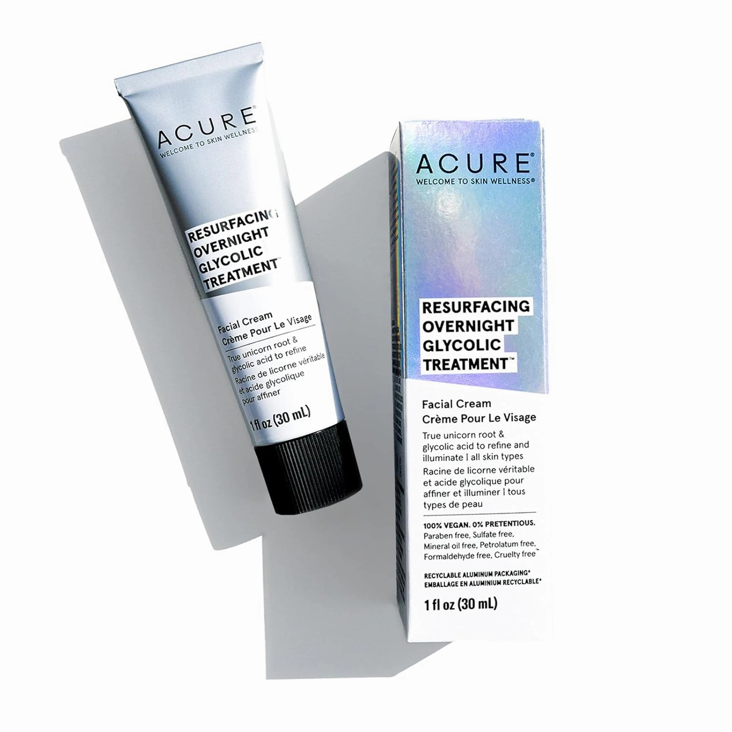 ACURE Resurfacing Overnight Glycolic Treatment - Night Dewy Glow Cream with Moonstone,True Unicorn Root, Glycolic & Lactic Acid Formula - Refines, Resurfaces and Improves Skin Tone & Texture - 1 Fl Oz