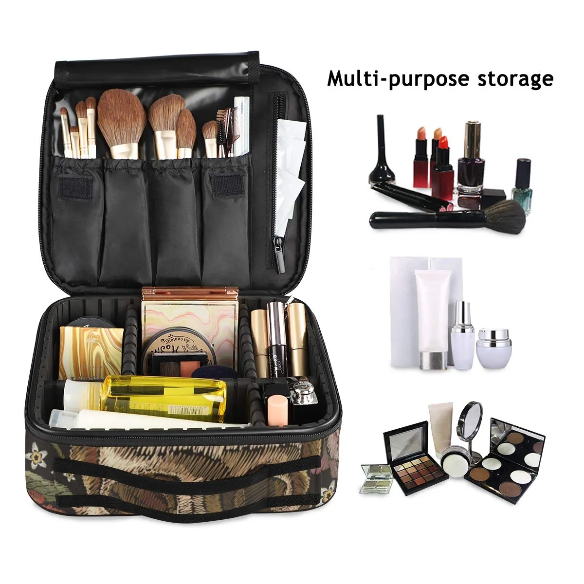 ALAZA Travel Makeup Case, Day of The Dead Skull Rose Humming Bird Dia Muertos Cosmetic toiletry Travel bag for Women Girls