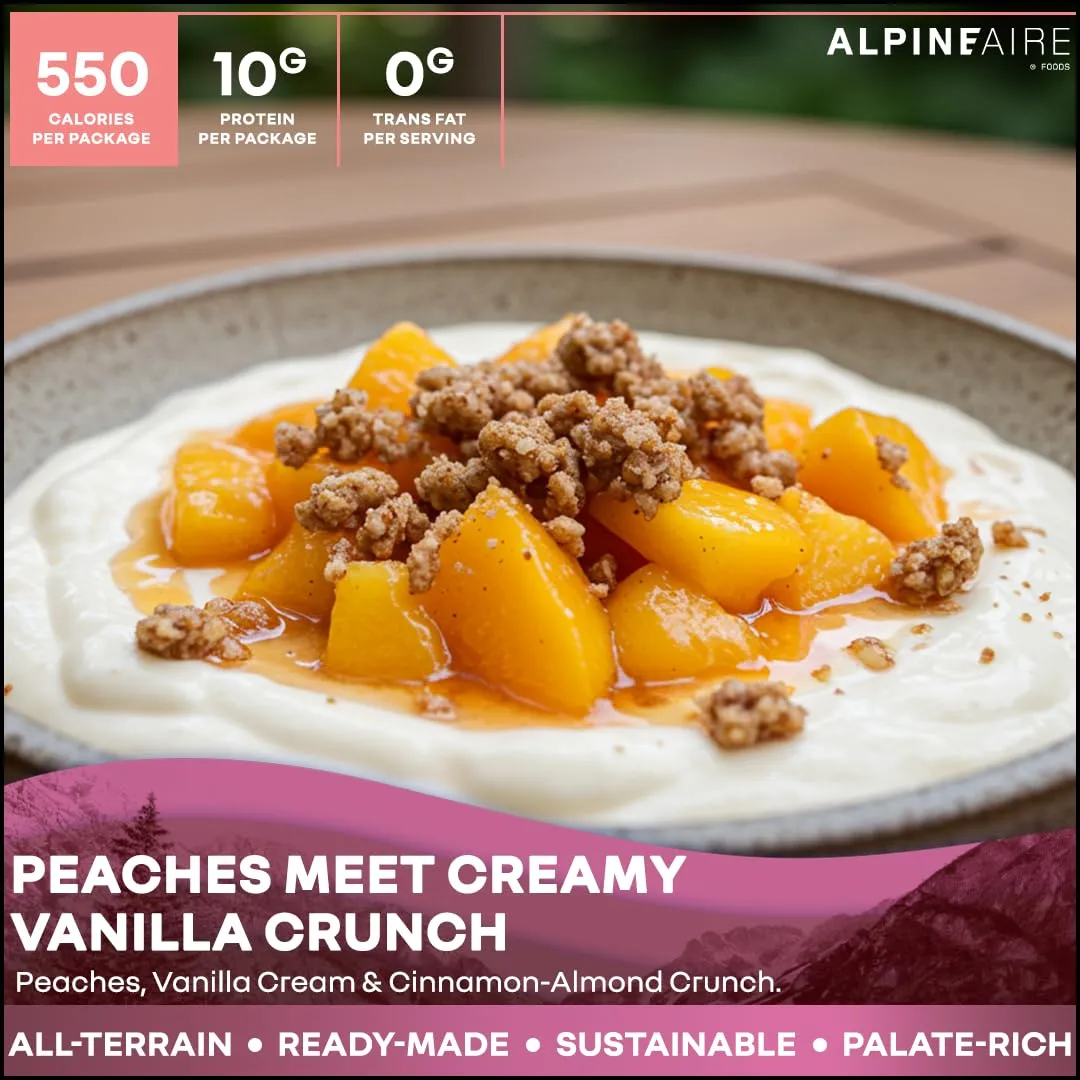 AlpineAire Foods Vanilla Peach Crumble 4.51 Oz Freeze-Dried Dessert, 550 Calories, 10g Protein, Ready-to-Eat, Made in USA, Resealable Pack, 5-Year Shelf Life Perfect for Outdoor Adventures Pack of 1