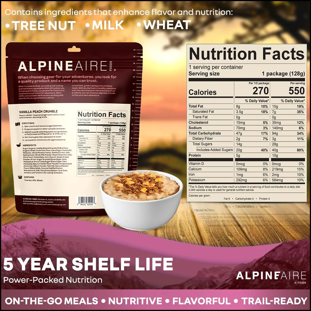 AlpineAire Foods Vanilla Peach Crumble 4.51 Oz Freeze-Dried Dessert, 550 Calories, 10g Protein, Ready-to-Eat, Made in USA, Resealable Pack, 5-Year Shelf Life Perfect for Outdoor Adventures Pack of 1