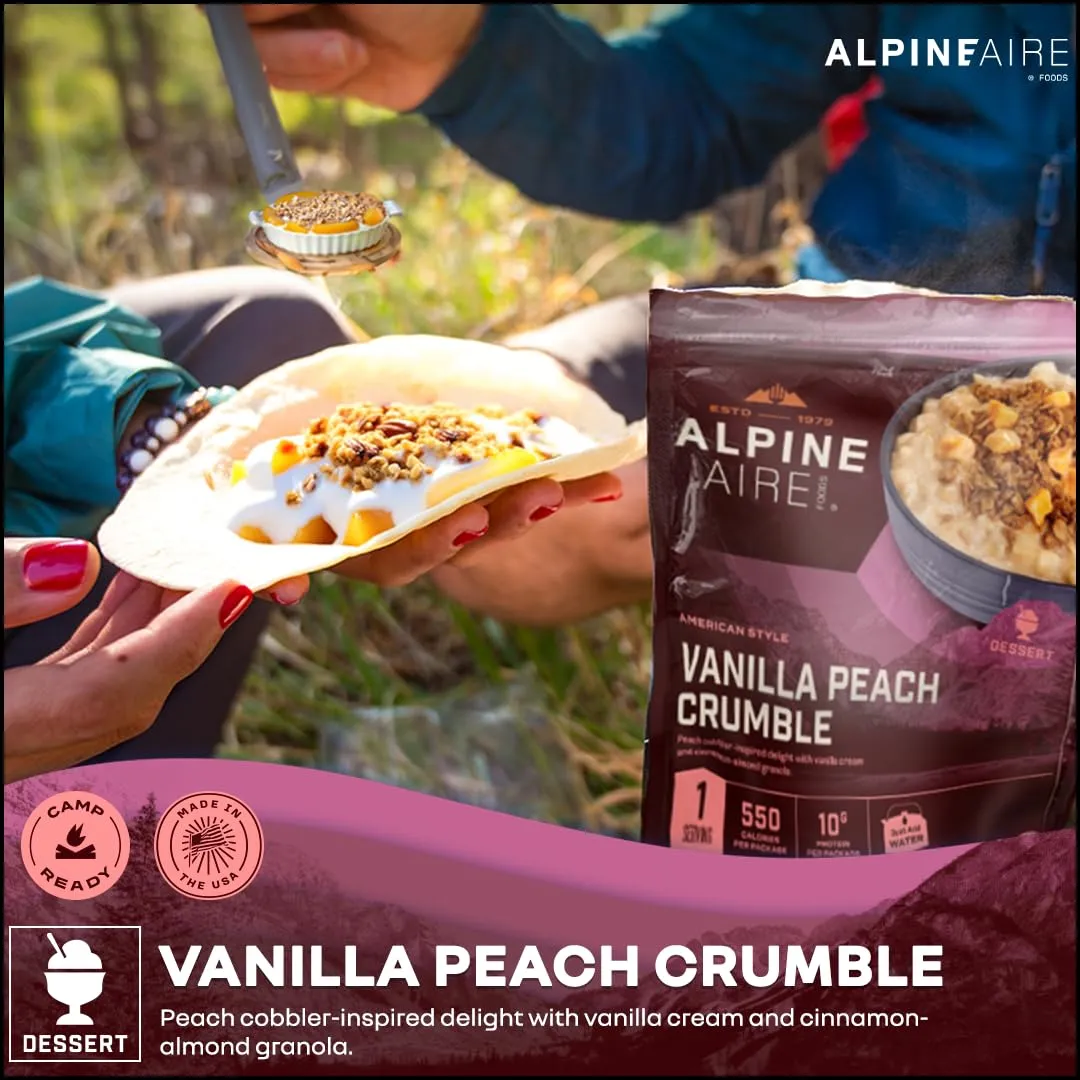 AlpineAire Foods Vanilla Peach Crumble 4.51 Oz Freeze-Dried Dessert, 550 Calories, 10g Protein, Ready-to-Eat, Made in USA, Resealable Pack, 5-Year Shelf Life Perfect for Outdoor Adventures Pack of 1