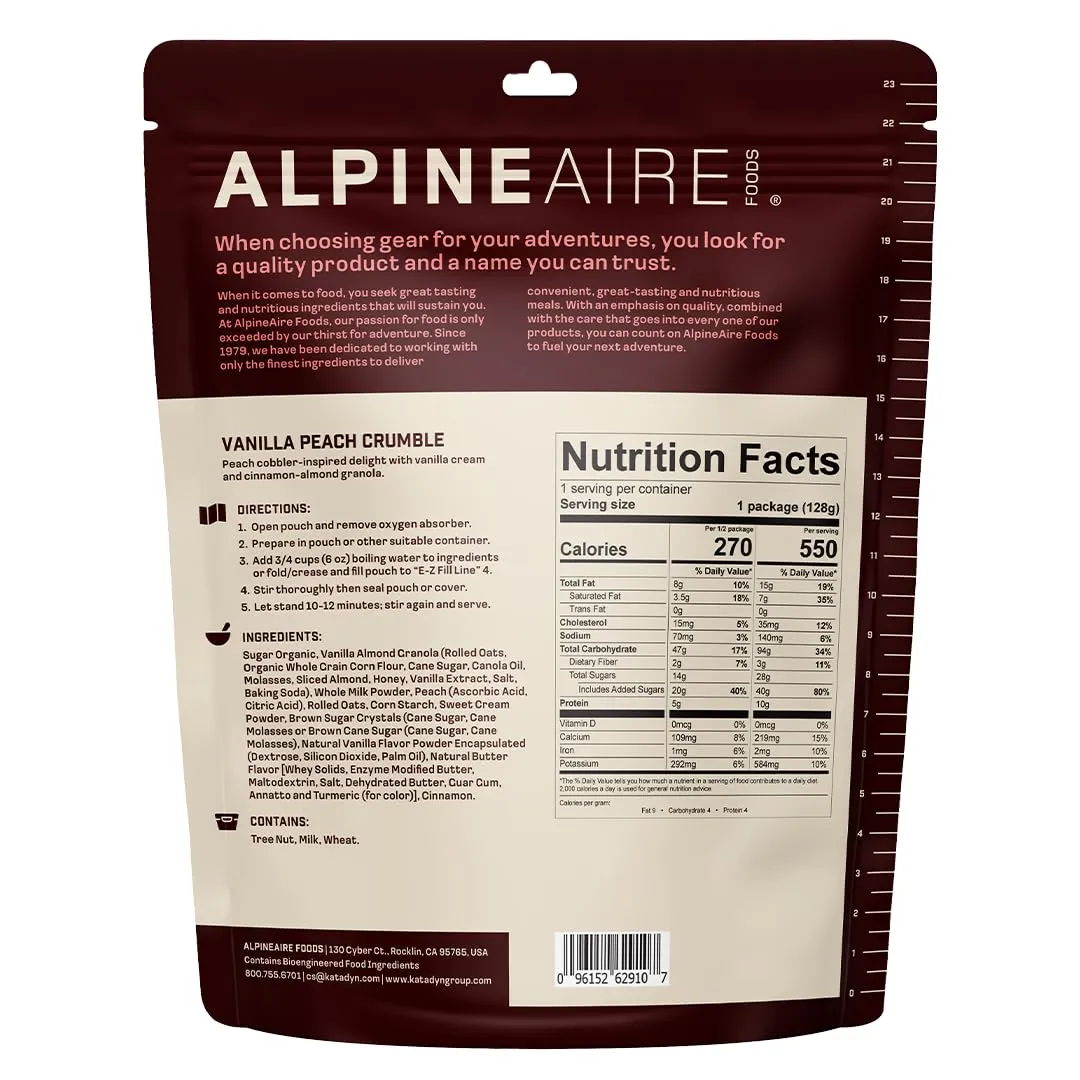 AlpineAire Foods Vanilla Peach Crumble 4.51 Oz Freeze-Dried Dessert, 550 Calories, 10g Protein, Ready-to-Eat, Made in USA, Resealable Pack, 5-Year Shelf Life Perfect for Outdoor Adventures Pack of 1