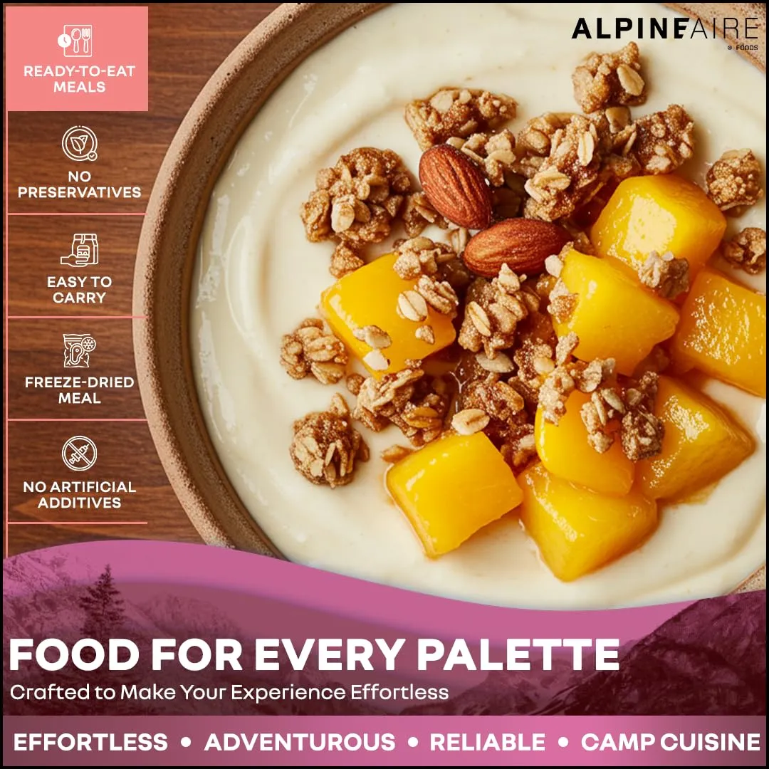 AlpineAire Foods Vanilla Peach Crumble 4.51 Oz Freeze-Dried Dessert, 550 Calories, 10g Protein, Ready-to-Eat, Made in USA, Resealable Pack, 5-Year Shelf Life Perfect for Outdoor Adventures Pack of 1