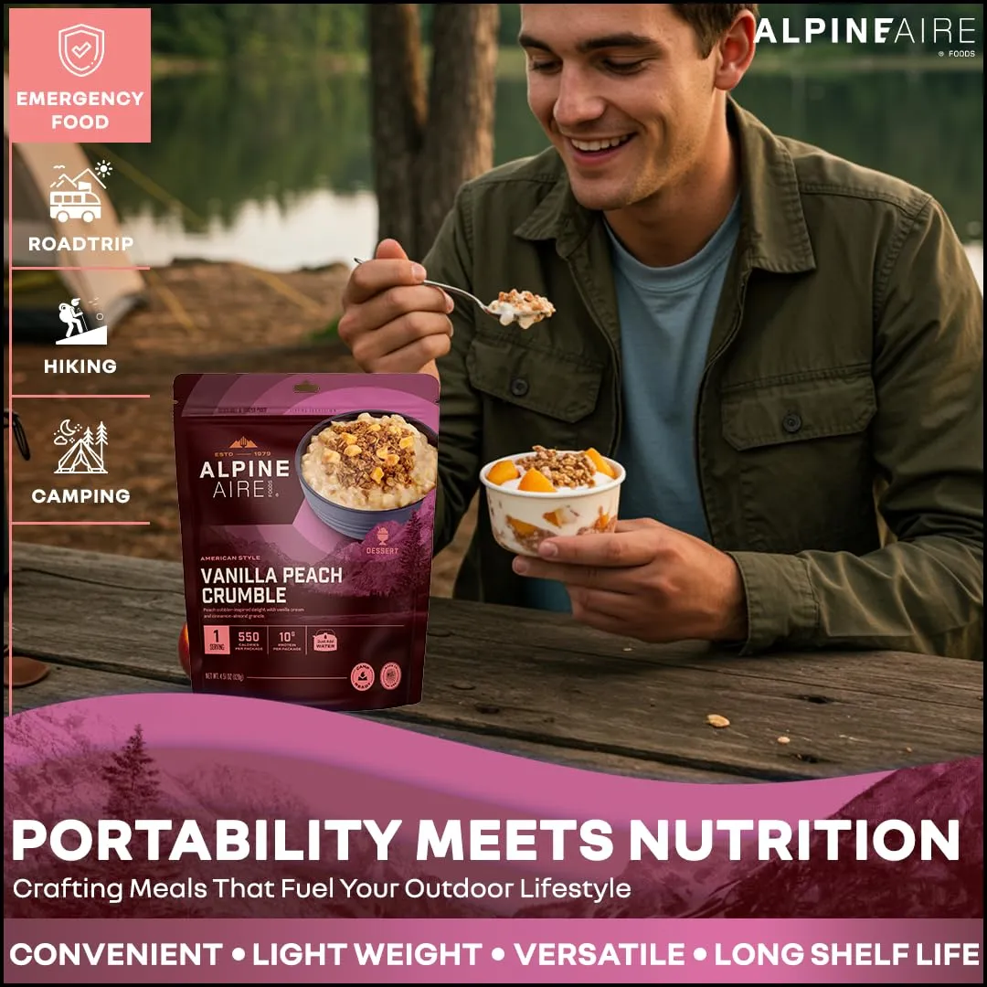 AlpineAire Foods Vanilla Peach Crumble 4.51 Oz Freeze-Dried Dessert, 550 Calories, 10g Protein, Ready-to-Eat, Made in USA, Resealable Pack, 5-Year Shelf Life Perfect for Outdoor Adventures Pack of 1