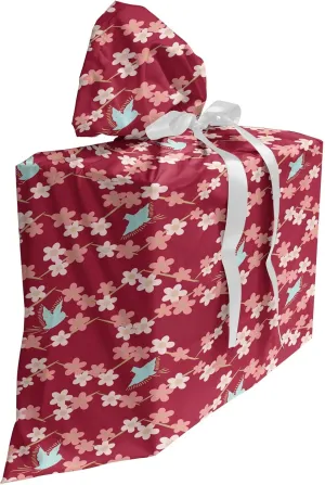 Ambesonne Floral Fabric Gift Bag, Demonstration of Japanese Flowers Design with Minimalistic Flowers and Birds, Present Sack for Parties Birthdays with 3 Ribbons, 27, Ruby and Blush