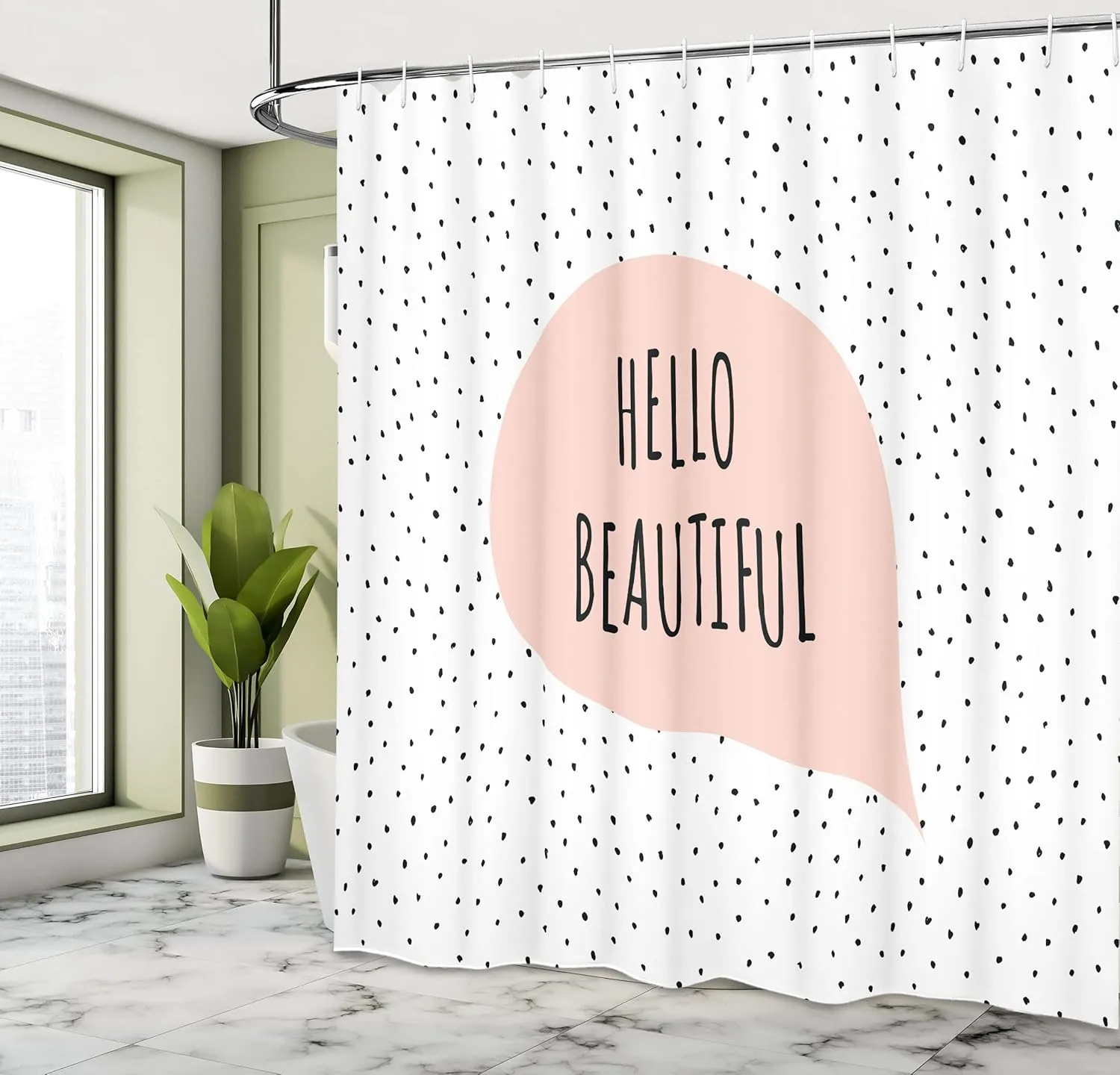 Ambesonne Hello Shower Curtain, Romantic and Message in a Pastel Colored Speech Balloon Hand Drawn Dots, Cloth Fabric Bathroom Decor Set with Hooks, 69" W x 70" L, Blush Black