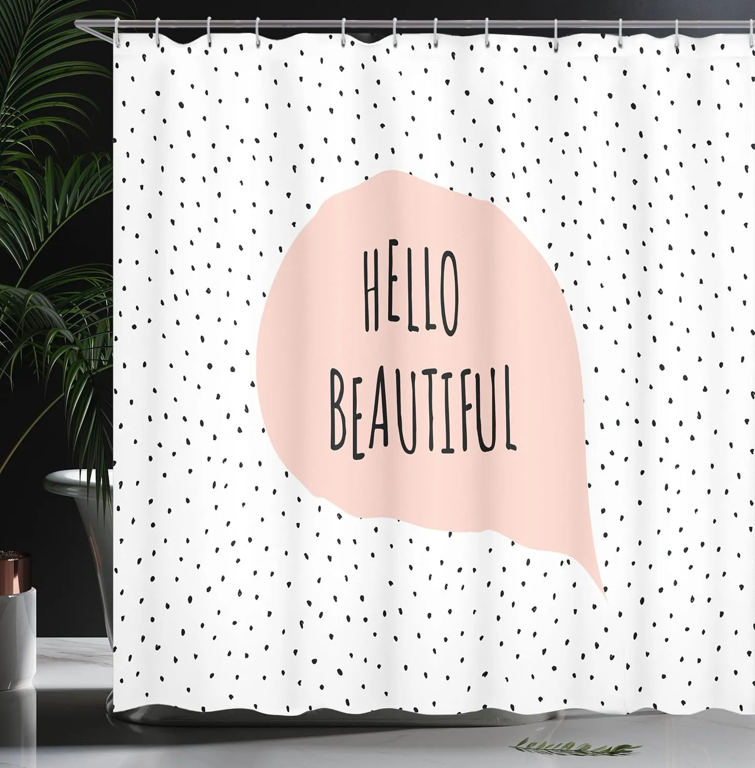 Ambesonne Hello Shower Curtain, Romantic and Message in a Pastel Colored Speech Balloon Hand Drawn Dots, Cloth Fabric Bathroom Decor Set with Hooks, 69" W x 70" L, Blush Black
