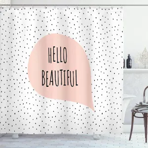 Ambesonne Hello Shower Curtain, Romantic and Message in a Pastel Colored Speech Balloon Hand Drawn Dots, Cloth Fabric Bathroom Decor Set with Hooks, 69" W x 70" L, Blush Black