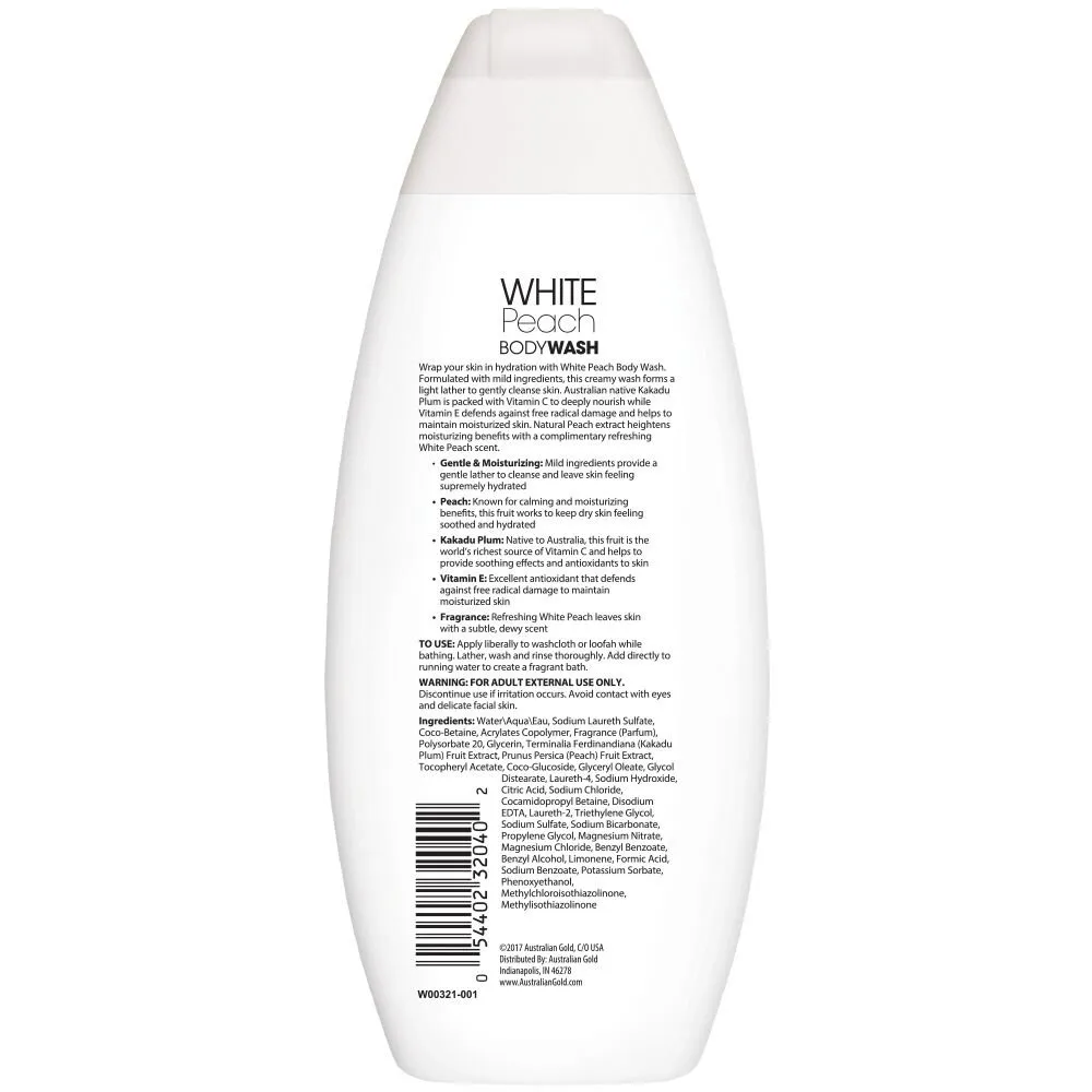 Australian Gold Body Wash, Gentle & Moisturizing with Nutrient Rich Kakadu Plum & Vitamin E, White Peach, 16.5 Ounce