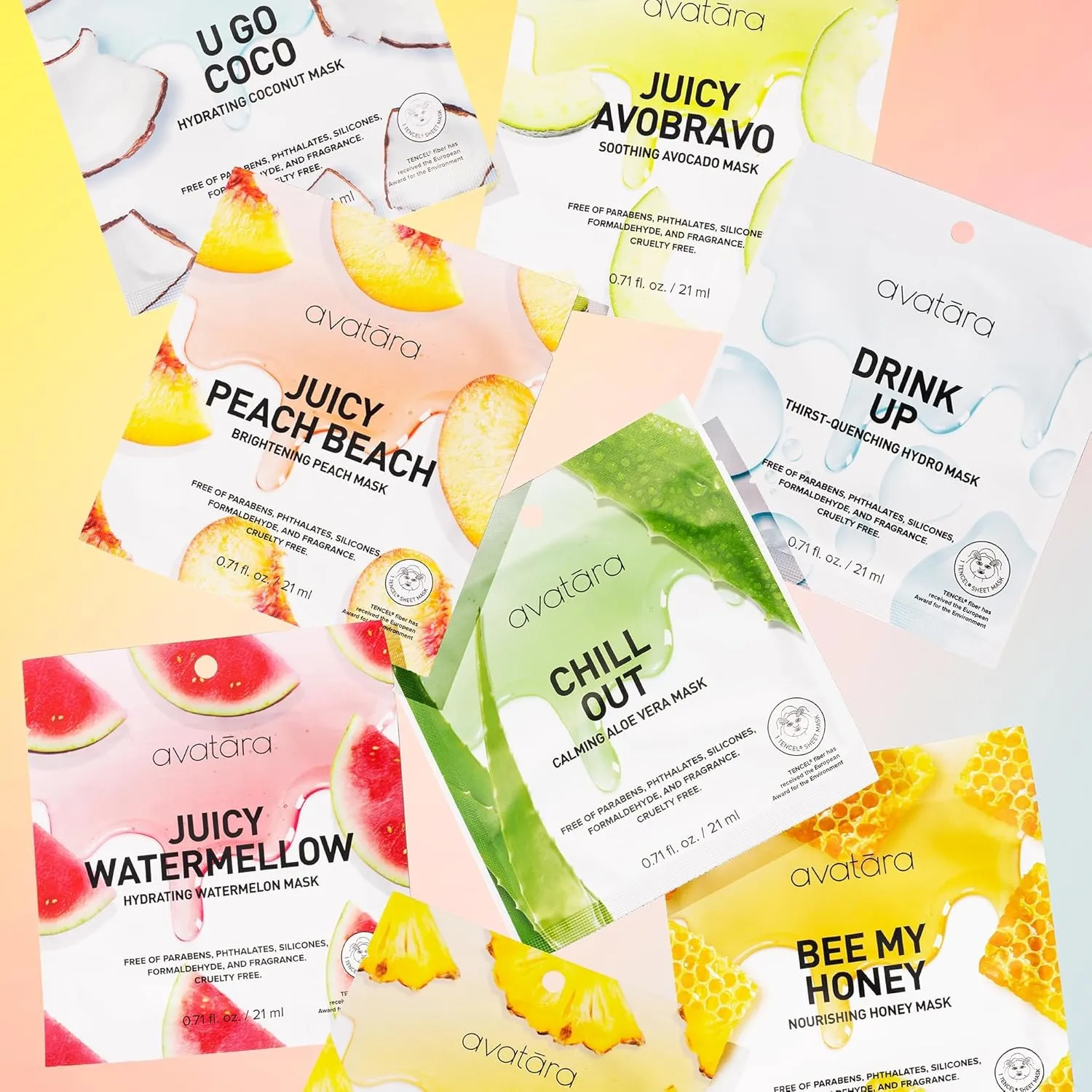 Avatara Sheet Mask Set, Facial Mask Variety Set of 10, Face Mask Skincare with Natural Extracts, Hydrating Face Mask Skin Care Set, Made with Tencel Fibers, All Skin Types, Teen Skincare, 10 Pack