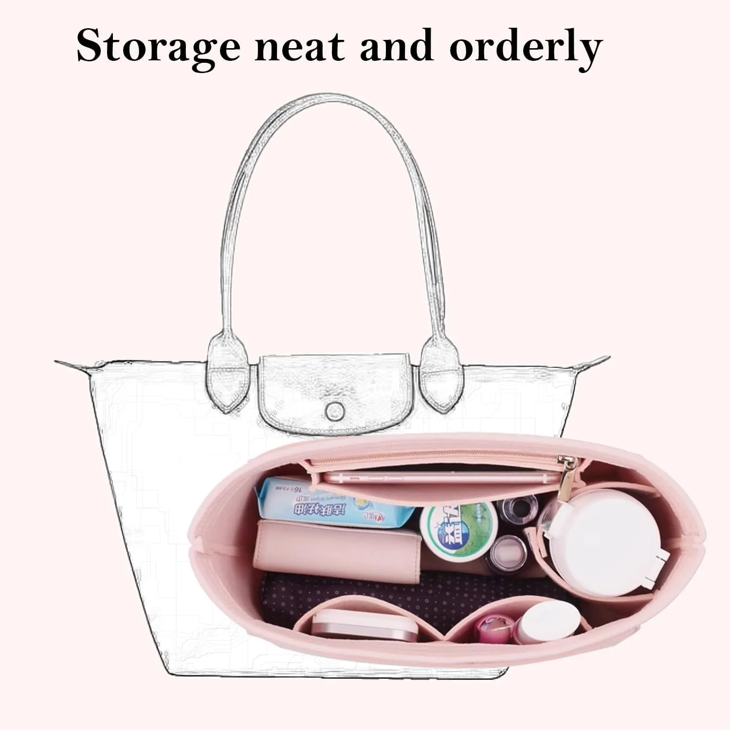 Bag Insert Organizer, purse accessories, Suitable For Longchamp long handle tote organizer (Beige, M（long handle）)
