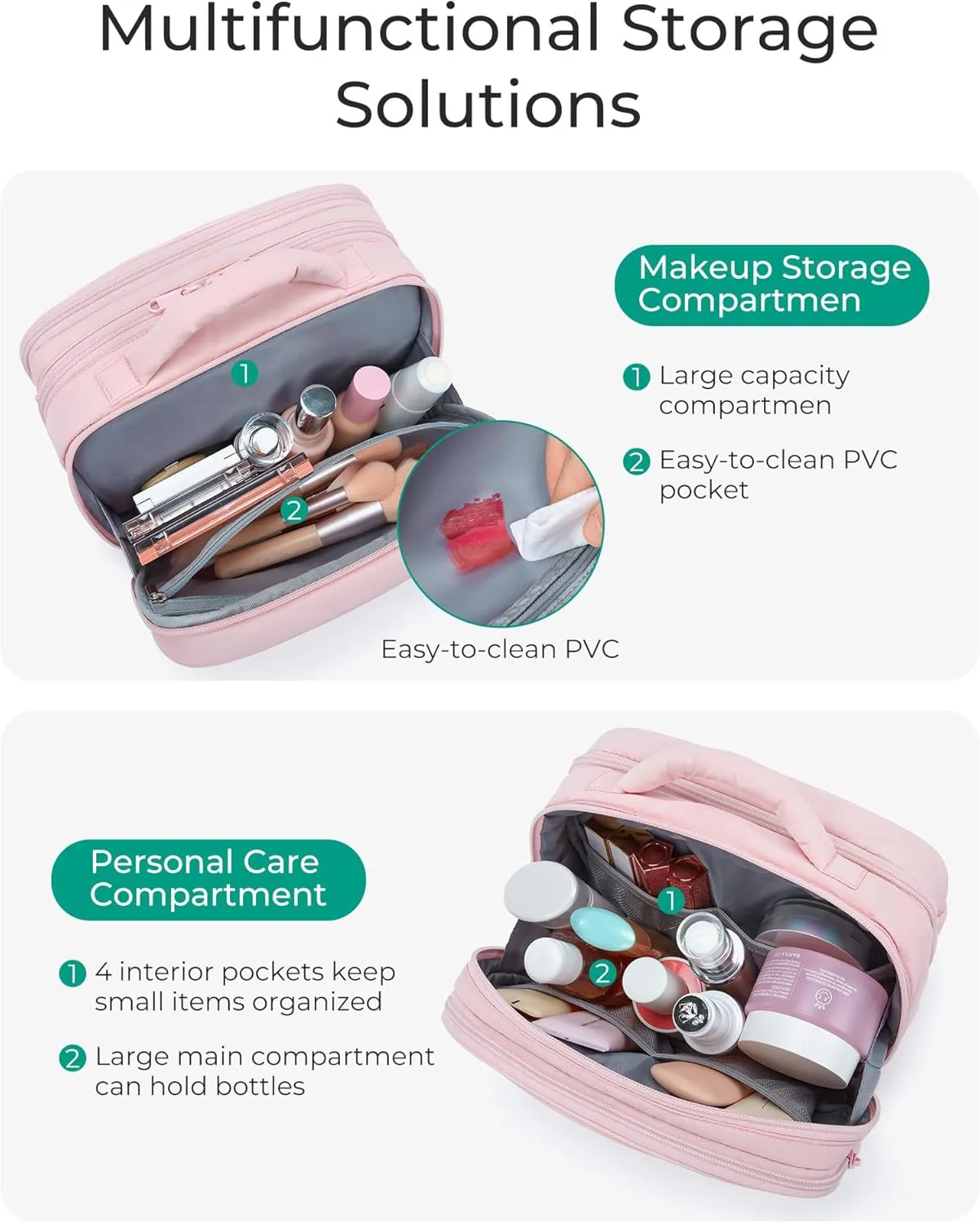 BAGSMART Toiletry Bag for Women, Travel Makeup Bag, Wide-open Portable Make Up Bag Organizer for Women for Travel Essentials Travel-Size Toiletries Accessories Bottles, Brushes, Beige