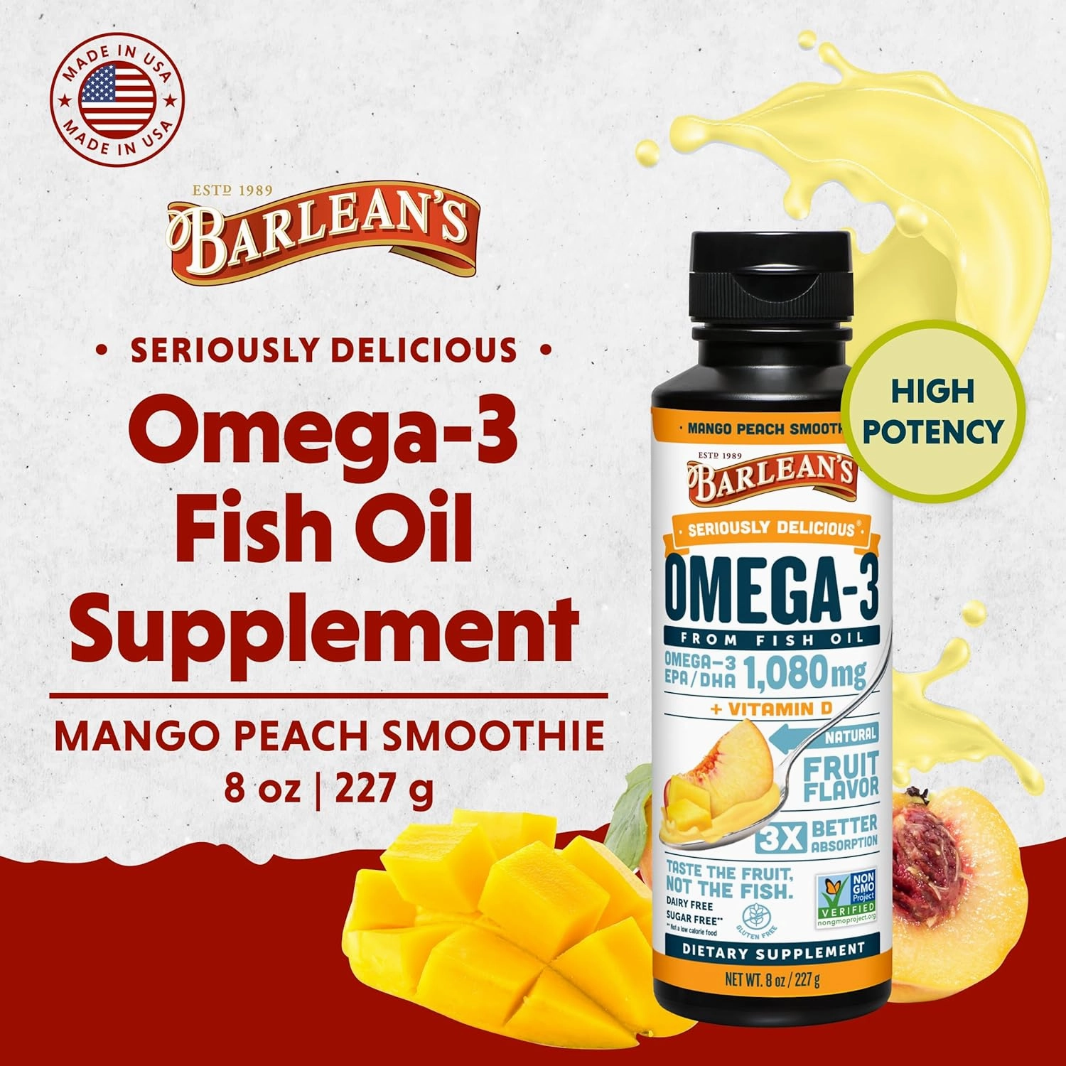 Barlean's Mango Peach Omega 3 Fish Oil Liquid Supplement with Vitamin D, 1080mg EPA & DHA Fatty Acid, Smoothie Flavored & Burpless for Brain, Joint, & Heart Health, 8 oz