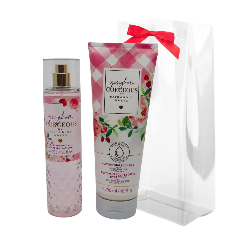 Bath & Body Works GINGHAM GORGEOUS Fine Fragrance Mist & Moisturizing Body Wash 2-piece Gift Set with a Red Bow for Holiday – Full Size