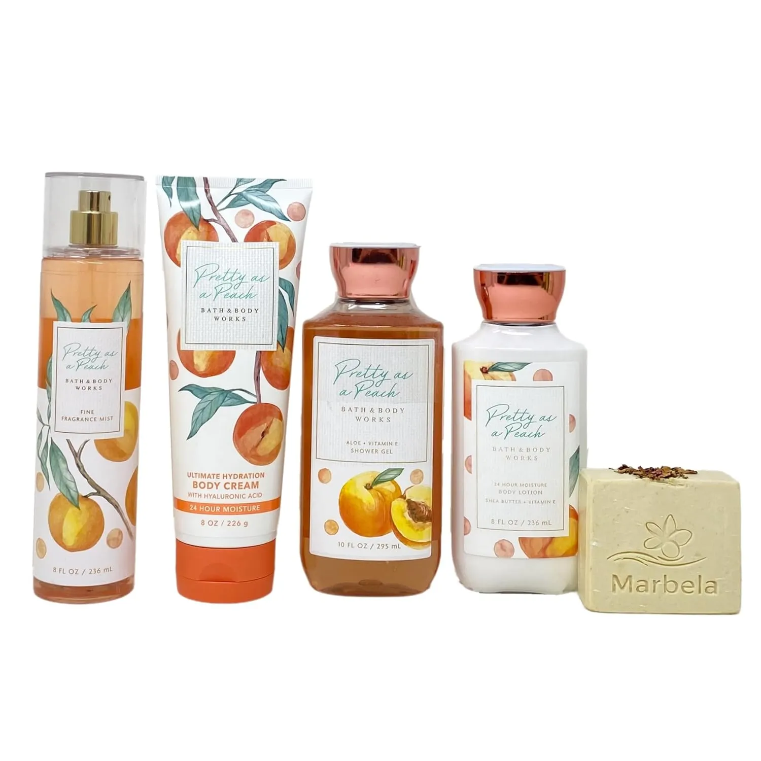 Bath & Body Works Pretty As A Peach Deluxe Set - Fragrance Mist - Body Cream - Shower Gel - Body Lotion - with a Creamy Rose Bar Soap - Full Size