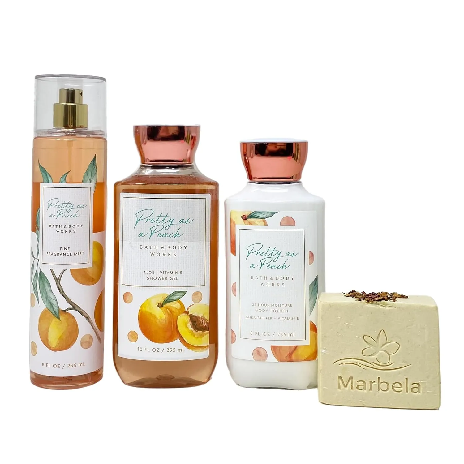 Bath & Body Works Pretty As A Peach Trio - Fragrance Mist - Shower Gel - Body Lotion - with a Creamy Rose Bar Soap - Full Size