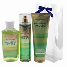Bath & Body Works COCONUT LIME VERBENA Body Wash, Fine Fragrance Mist & Ultimate Hydration Body Cream 3-piece Gift Set with a Blue Bow for Holidays – Full Size
