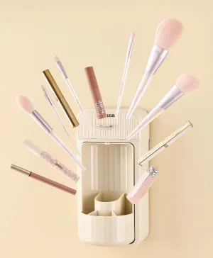 Bathroom Makeup Brush Organizer,360°Rotating Wall Mounted Cosmetic Holder with Drawer, Dust-proof Covered Countertop Vanity Storage Box for Floss/Cotton Swabs/Hair Accessories/Lipsticks (beige)