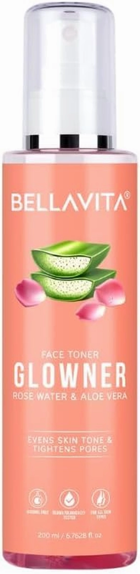 Bella Vita Organic Glowner Face Toner, Alcohol Free, Rose Water 200ml Pore Minimizing Tightening Natural Toner Spray for Glowing Skin - All Skin Types