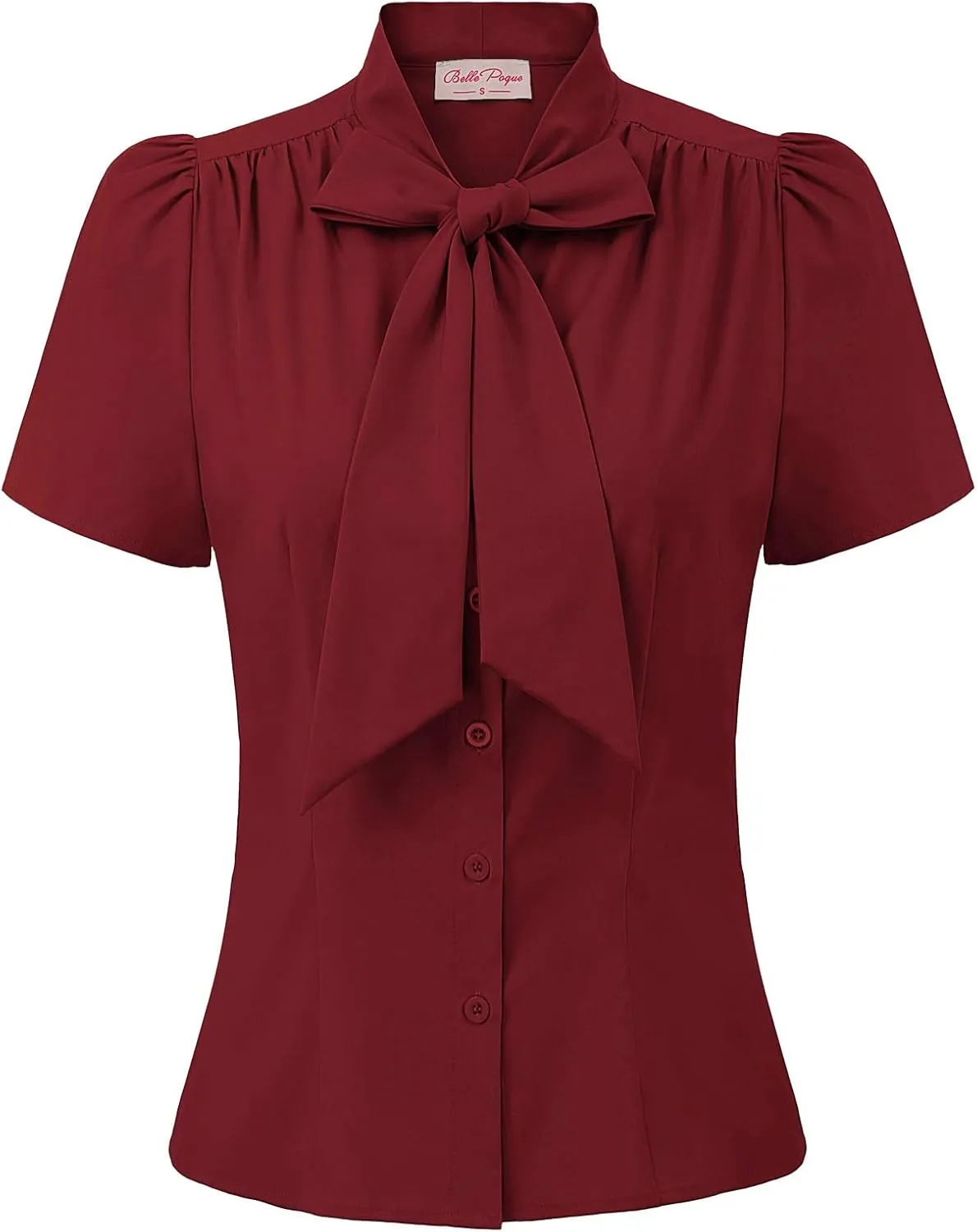 Belle Poque Summer Short Sleeve Office Button Down Blouse Stripe Shirt Tops with Bow Tie BP573