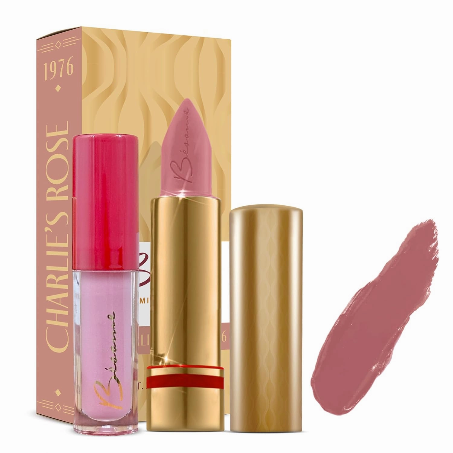 BESAME COSMETICS Charlie's Rose Lipstick   Glossy Balm Set - 1976
