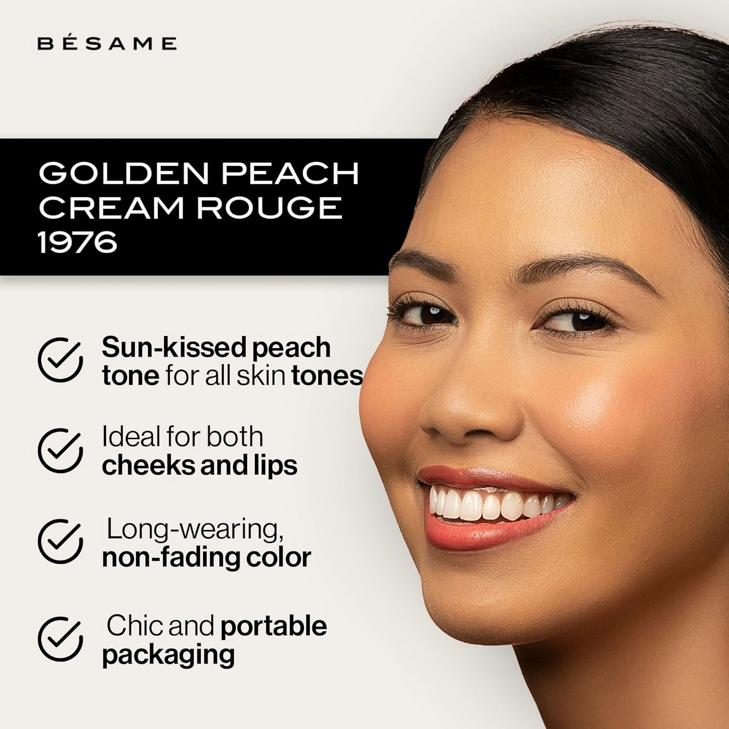 BESAME Golden Peach Cream Rouge - 1976, Highly Pigmented, Matte Finish, Multi-Use for Lips and Cheeks, Vintage-Inspired Reusable Tin, Long-Wearing, Sensitive Skin Friendly