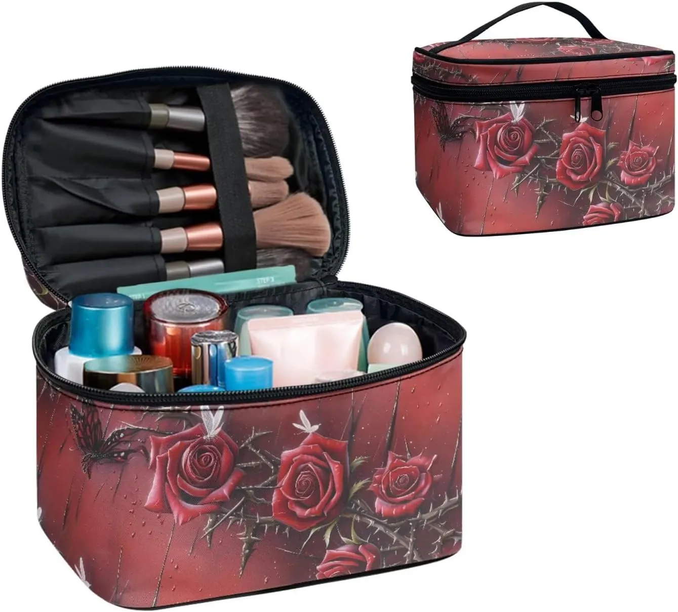 Bloody Red Rose Make Up Pouch Bags for Travel Toiletry Bag, Gothic Rose Thorn Print Women Cosmetic Bag Portable Zipper Toiletry Storage Bag