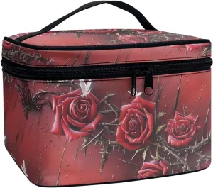 Bloody Red Rose Make Up Pouch Bags for Travel Toiletry Bag, Gothic Rose Thorn Print Women Cosmetic Bag Portable Zipper Toiletry Storage Bag