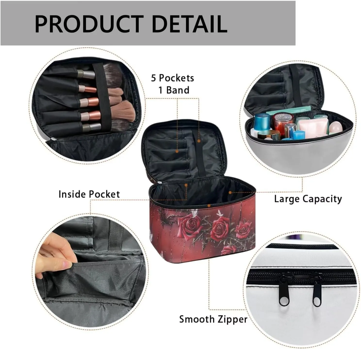 Bloody Red Rose Make Up Pouch Bags for Travel Toiletry Bag, Gothic Rose Thorn Print Women Cosmetic Bag Portable Zipper Toiletry Storage Bag