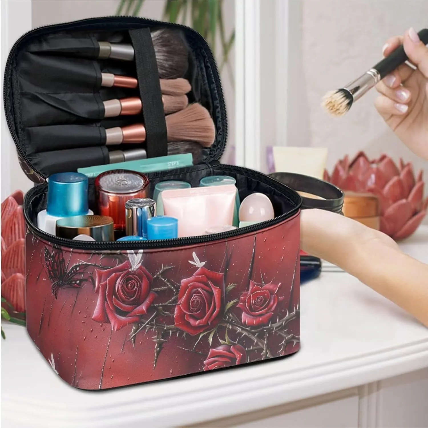 Bloody Red Rose Make Up Pouch Bags for Travel Toiletry Bag, Gothic Rose Thorn Print Women Cosmetic Bag Portable Zipper Toiletry Storage Bag