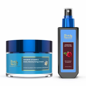 Blue Nectar Daily Face Moisturizer with Natural Vitamin E & Vitamin C for Women (1.7 Fl Oz) Natural Rose Face Toner for Glowing Skin & Pore Tightening(3.38Fl Oz)