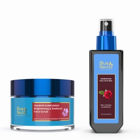 Blue Nectar Kumkumadi Gentle Exfoliating Face Scrub for Tan Removal and Blackheads (1.7 Oz) along with Natural Rose Face Toner for Glowing Skin & Pore Tightening(3.38Fl Oz)