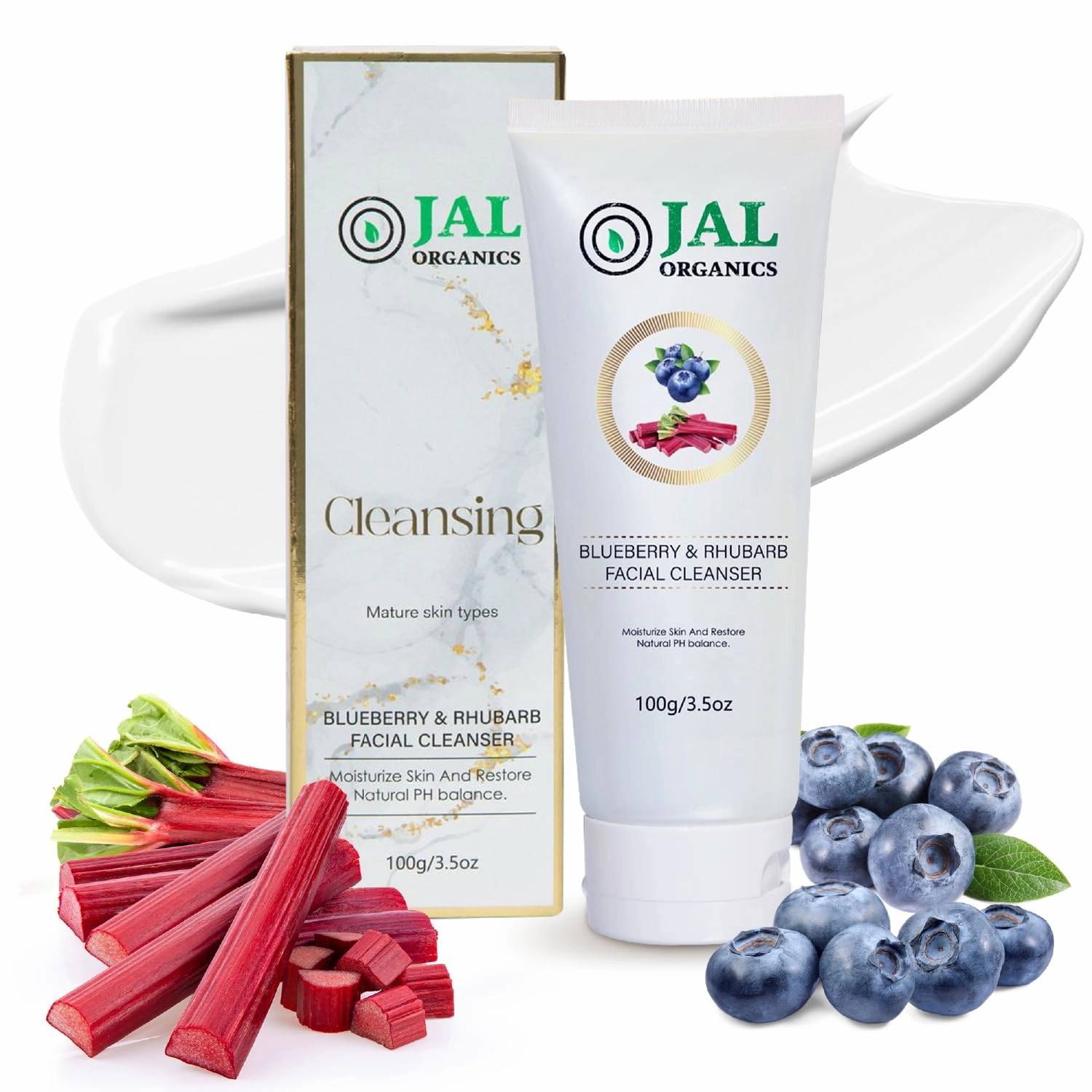 Blueberry & Rhubarb Gentle Facial Cleanser - Hydrating Antioxidant-Rich Natural Face Cleanser for All Skin Types - Ph-Balanced Exfoliating Face Wash for Women & Men - 3.5 Ounces