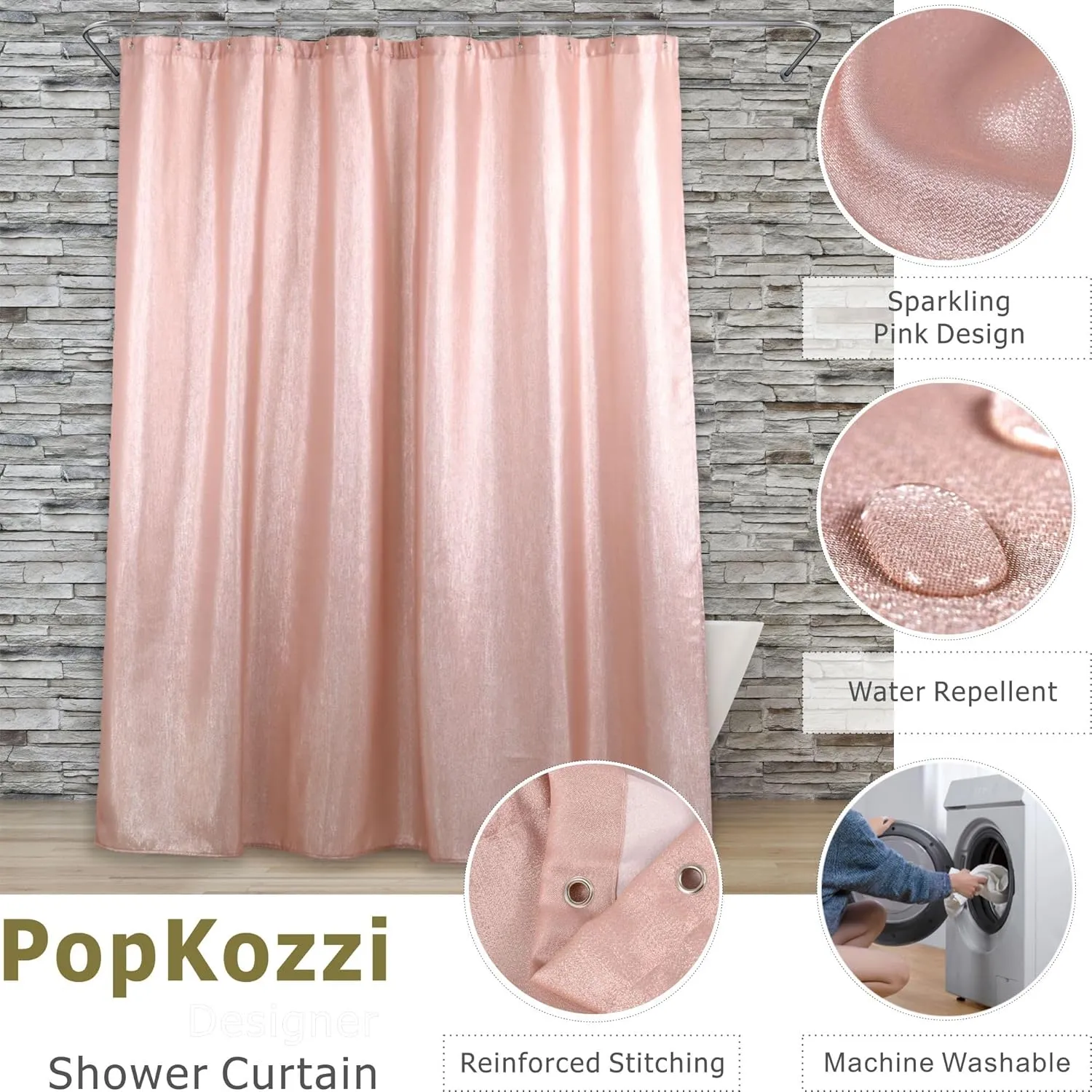 Blush Pink Glitter Shower Curtain: Luxury Elegant Pretty Metallic Shimmery Fabric Curtains for Coquette Girls Bathroom Décor - Fancy Glam Cute Girly Bathroom Accessories & Gift Set for Women - 72x72