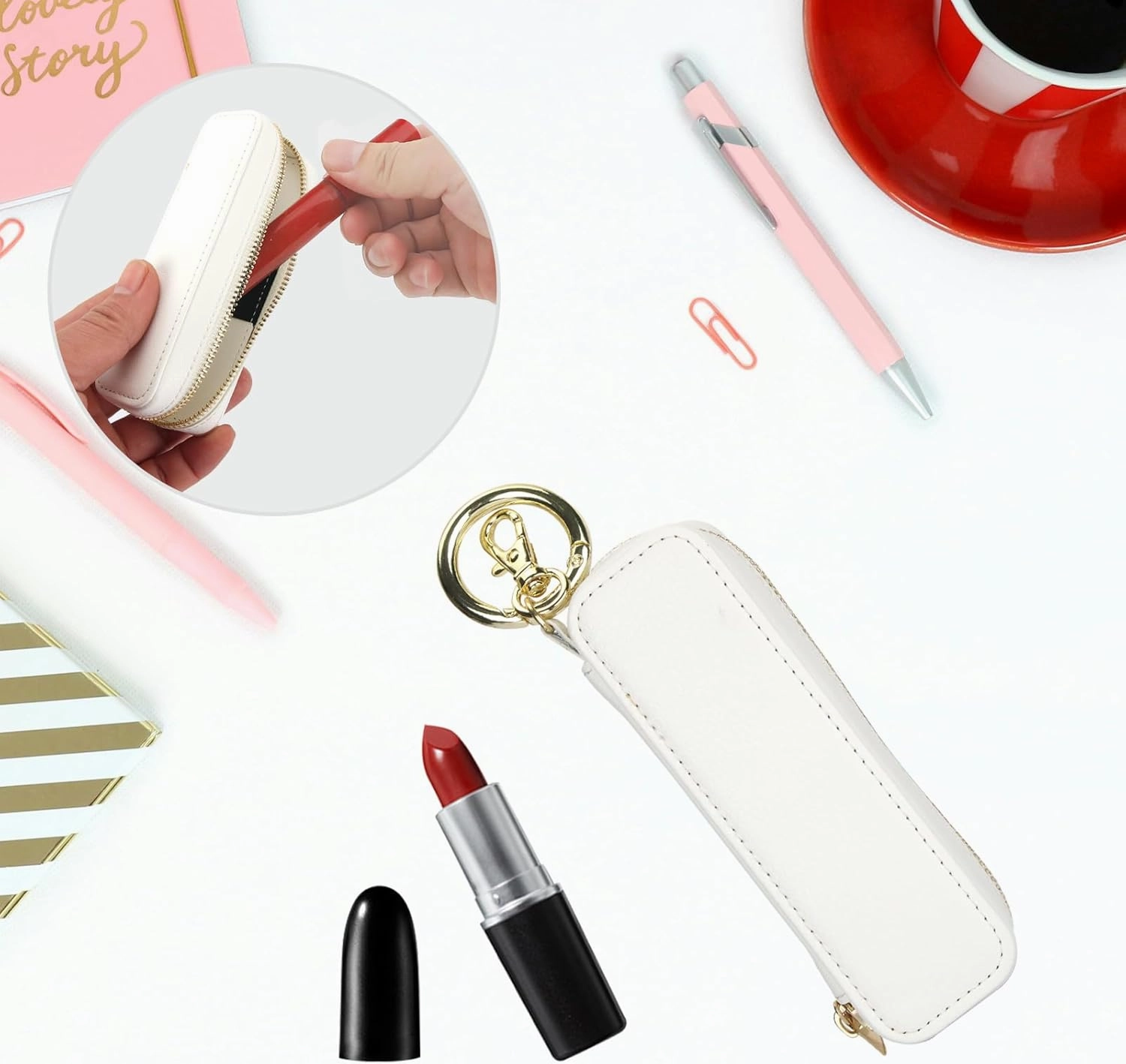 Bocasal Leather Lipstick Case Holder Chapstick Keychain Pouch, Zipper Lip Balm Lip Gloss Bag for Purse with Key Chain Elastic Band, Makeup Travel Organizer, Cosmetic Storage Kit for Women Girl (White)