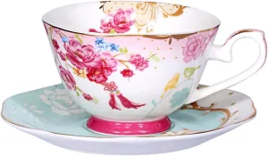 Bone China Teacup and Saucer Sets Vintage Royal Style Tea Cup Red Flower Set 7-OZ
