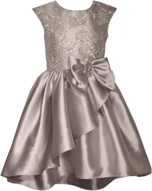 Bonnie Jean Girls 7-16 Taupe-Gray Embroidered Sequins Mikado Bow Dress