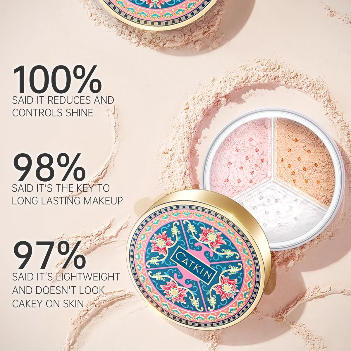 CATKIN Loose Setting Powder - Translucent Shimmer Finishing Powder, 3 Colors Even Skin Tone, Oil Control Makeup Pore Minimizing Powder with Velour Puff (0.42oz, C01 Shimmer for Oily Skin)
